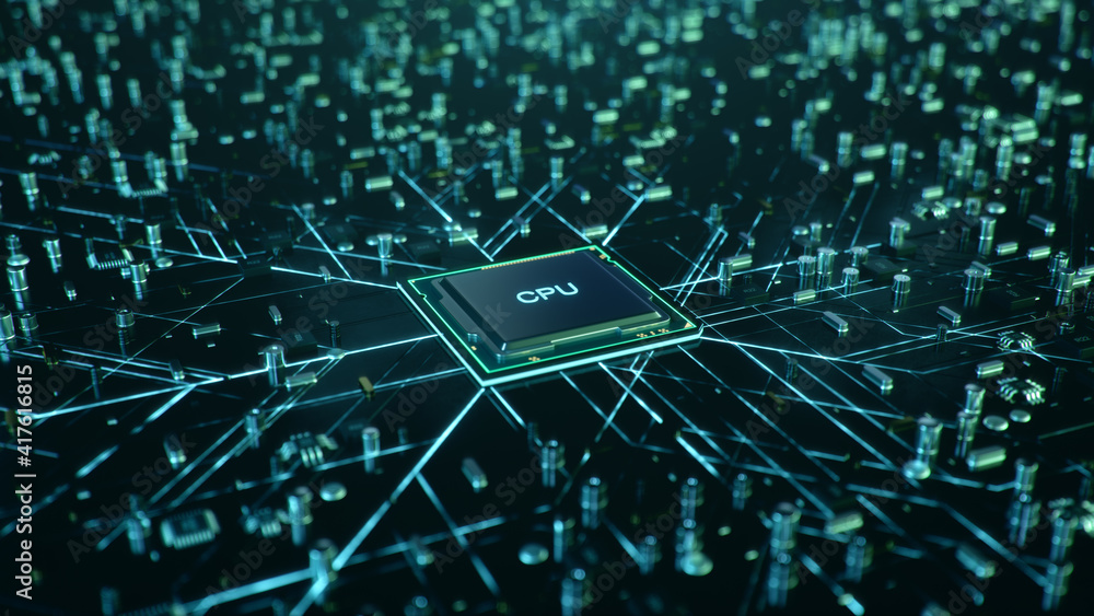 Poster technological background with cpu and circuit board. flying cpu and installation in center circuit b