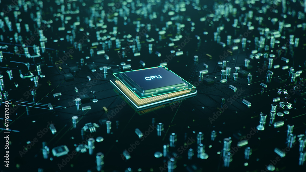 Poster technological background with cpu and circuit board. flying cpu and installation in center circuit b
