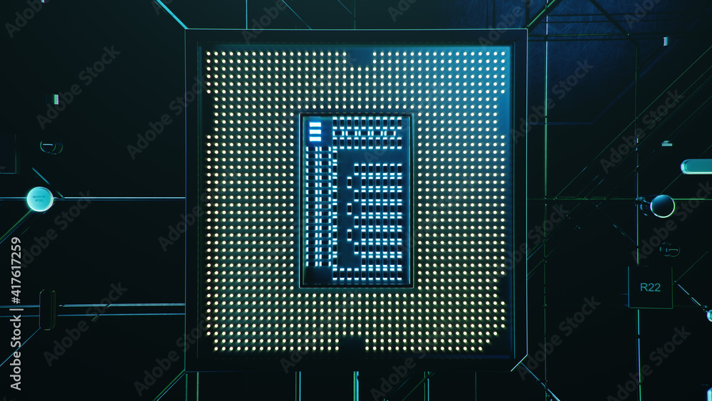 Poster technological background with cpu and circuit board. flying cpu and installation in center circuit b
