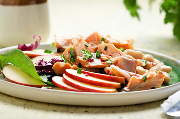 Healthiest salad with white beans, seasonal greens smoked salmon and cut apple in white plate on wooden table.