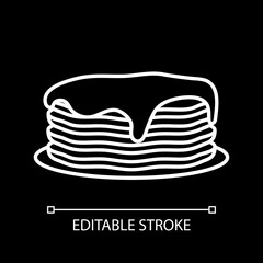 Pancakes with maple syrups white linear icon for dark theme. Breakfast food. Homemade meal. Thin line customizable illustration. Isolated vector contour symbol for night mode. Editable stroke