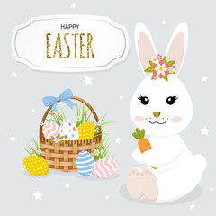 Happy Easter greeting card with cute bunny and basket with easter eggs.