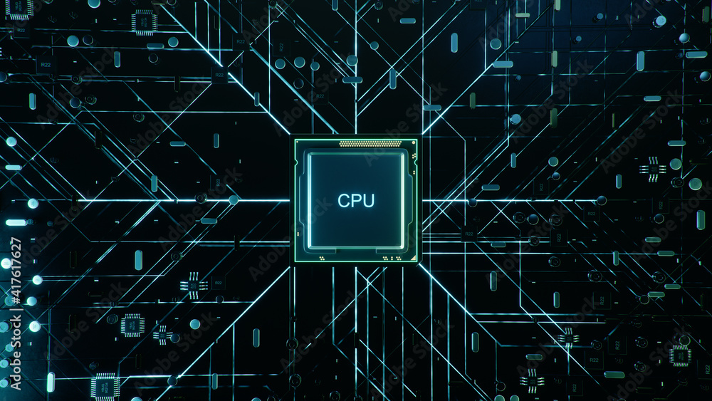 Poster technological background with cpu and circuit board. flying cpu and installation in center circuit b