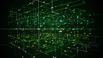 Futuristic Green Digital HUD 3D Geometry Corner Grid With Circles And Random Numbers Inside Rectangle Background Illustration