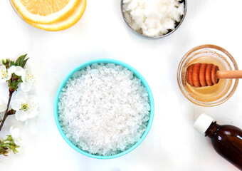 Natural ingredients for homemade body salt scrub. Flat lay