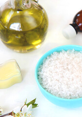 Natural ingredients for homemade body salt scrub. Flat lay