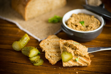 fried buckwheat croutons with cooked homemade pate