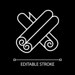 Cinnamon sticks white linear icon for dark theme. Condiment for cooking. Aromatherapy, spice sent. Thin line customizable illustration. Isolated vector contour symbol for night mode. Editable stroke