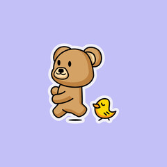 Cute teddy bear and chicks sticker chibi