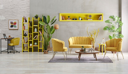 Decorative yellow sofa furniture set in the room, grey stone wall, yellow niche and bookshelf, home decor.