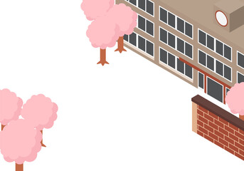 桜の咲く校舎のアイソメイラスト