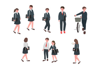 通学中の高校生のイラストセット