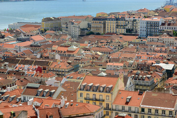 Lisbon Baixa district skyline and historic buildings aerial view, from Castelo de Sao Jorge in city of Lisbon, Portugal.