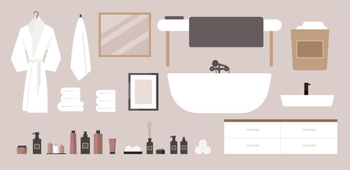 Vector flat SPA salon interior. Modern bathroom set. Deluxe hotel, massage, suite. Bath, towels, bathrobe, cosmetics, shampoo, mirror. A set of furniture and items for spa salon and bathroom