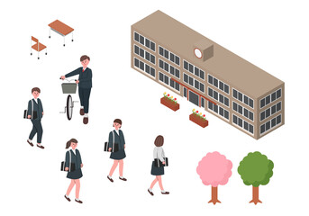 学生と学校のアイソメイラストセット