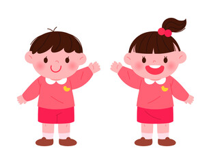 Cute preschooler character illustration. A boy and a girl are greeting us.