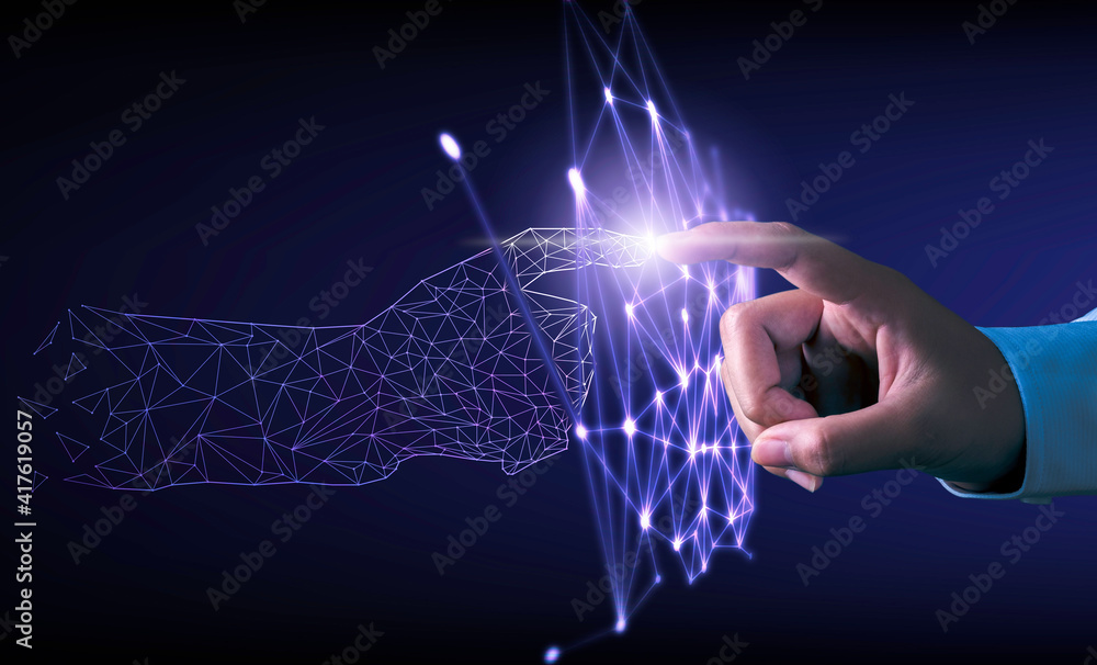 Wall mural hand touching modern interface digital transformation and metaverse concept. connection next generat
