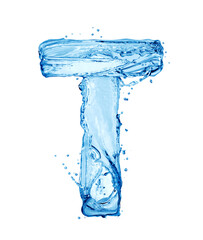 Latin letter T made of water splashes, isolated on a white background