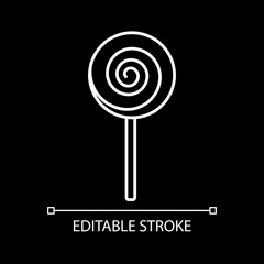 Lollipop white linear icon for dark theme. Candy on stick. Sweet unhealthy treat. Thin line customizable illustration. Isolated vector contour symbol for night mode. Editable stroke