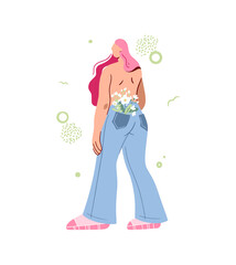 Cartoon stylized character girl with flowers. Beautiful girl in jeans with a naked back. There is a bouquet of flowers in my pants pocket. Fashionable spring illustration for March 8. 