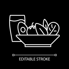 Healthy food white linear icon for dark theme. Dinner meal. Cafe dish. Salad with drink. Thin line customizable illustration. Isolated vector contour symbol for night mode. Editable stroke