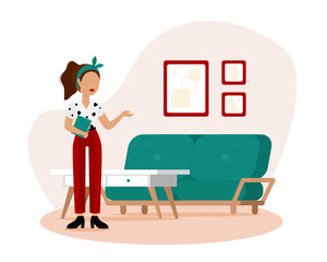 Ilustración vectorial de diseñadora de interiores. Decoración de un salón.