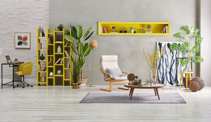 Modern grey room home interior style with stone wall concept, single rocking chair, yellow bookshelf and niche, wicker vase of plant.