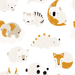 Seamless childrens hand-drawn pattern with cute sleeping animals, elephant, tiger, fox, dinosaur, bear,koala.Creative kids texture for fabric, wrapping, textile, wallpaper, apparel.Vector illustration