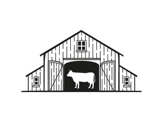 Logo with the image of a barn with a cow inside