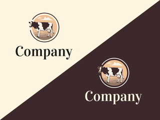 Two circle logos with a cow on a landscape background