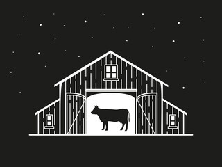 Night illustration of a barn with a cow inside