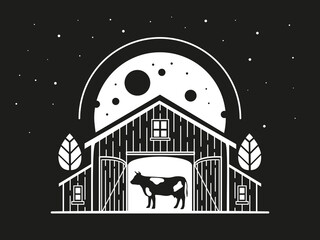 Night illustration with a cow inside a barn
