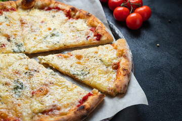 pizza cheesy 4 cheese assorted types fast food ingredient portion on the table meal snack top view copy space for text food background image