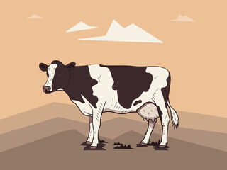 Realistic drawn cow on a light landscape background