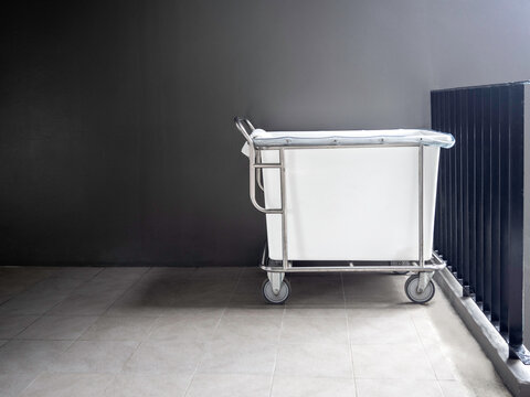 Empty Hotel Housekeeping Maid Laundry Trolley.