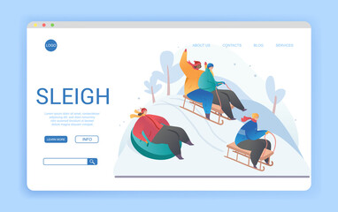 Website landing page design for sleighs with copyspace showing various people enjoying a sleigh or toboggan ride in winter snow, colored vector illustration. Website, web page template