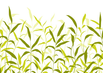 Obraz premium Floral vector background with leaves, plants, grass. Silhouette of abstract natural elements. Green plant print for holiday poster, greeting card, cover, banner, invitation. Trendy design.