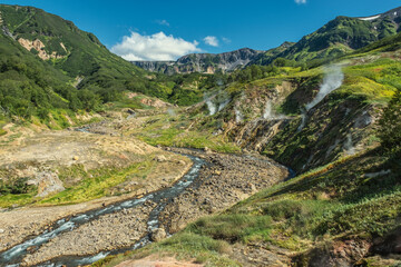 Fototapeta na wymiar Hot springs and fumaroles in Valley of Geysers