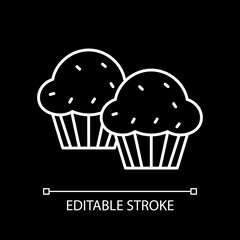Muffins white linear icon for dark theme. Sweet cupcakes. Dessert and pastry. Baked goods. Thin line customizable illustration. Isolated vector contour symbol for night mode. Editable stroke