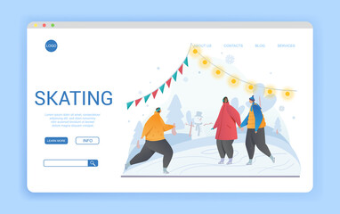 Website landing page template for winter skating showing three people on the ice under bunting and party lights, colored vector illustration with copyspace. Website, web page, landing page template