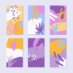Fototapeta na wymiar Set of abstract collage story backgrounds. Hand drawn pattern in trendy style. Bright summer colors. Vector illustration.