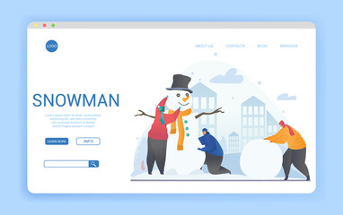 Group of friends or family building a snowman outdoors in a town in winter in a concept of the seasons, colored flat vector illustration. Website, landing page template