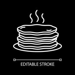 Stack of hot pancakes white linear icon for dark theme. Serving breakfast food. Steaming meal. Thin line customizable illustration. Isolated vector contour symbol for night mode. Editable stroke