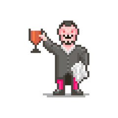 Obraz premium colorful simple flat pixel art illustration of a smiling vampire with a glass of blood or wine and a white towel