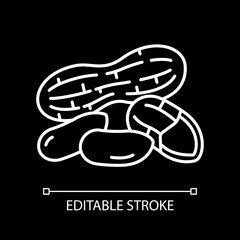 Peanuts white linear icon for dark theme. Cracked shell and kernel of nuts. Diet food. Thin line customizable illustration. Isolated vector contour symbol for night mode. Editable stroke