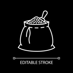 Grain in sack white linear icon for dark theme. Wheat in bag. Grocery foodstuff. Staple food. Thin line customizable illustration. Isolated vector contour symbol for night mode. Editable stroke