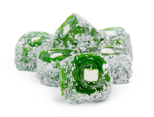 Close up of green Turkish delight sweets isolated on white