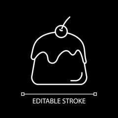 Pastry white linear icon for dark theme. Bakery product. Cupcake with icing. Muffin with frosting. Thin line customizable illustration. Isolated vector contour symbol for night mode. Editable stroke