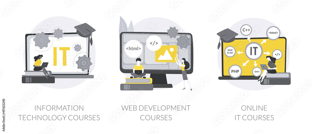 Poster it education abstract concept vector illustration set. information technology courses, web developme