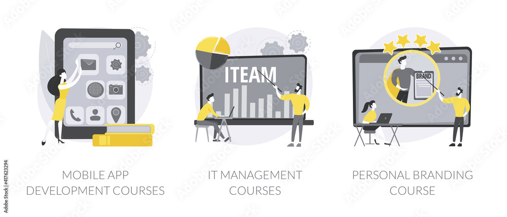 Poster career in it abstract concept vector illustration set. mobile app development courses, it management